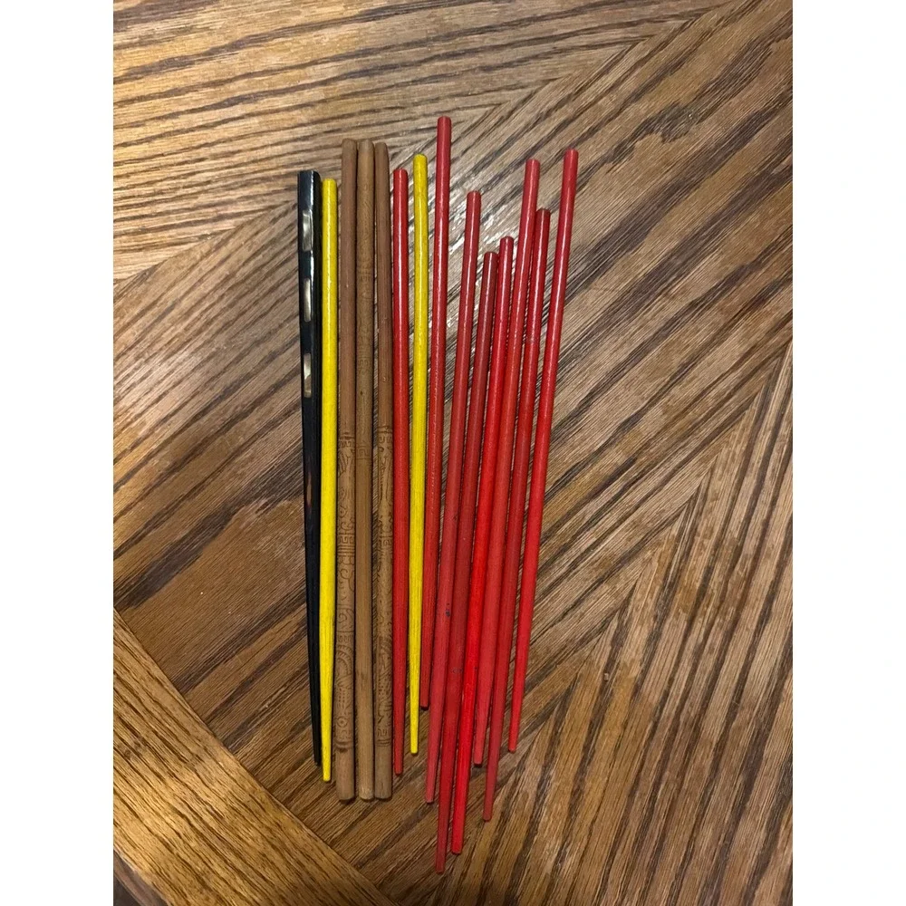 Vintage Chopsticks Hair Sticks Lot Carved Wood Shell Inlay Red Yellow Black